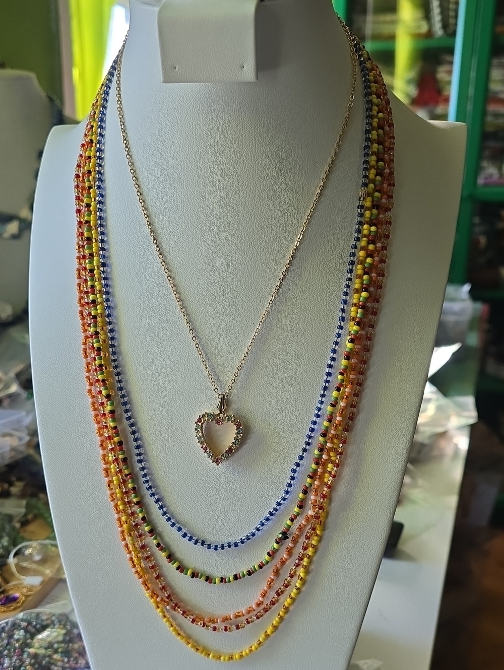 Multistrand Yellow & Blue Beaded Necklace with Heart Pendant